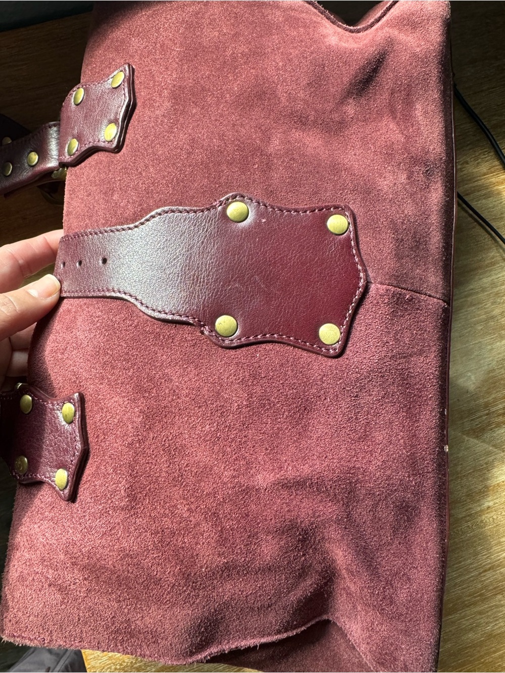 Burgundy Suede & Leather Satchel Tote with Gold Hardware - Picture 7 of 16